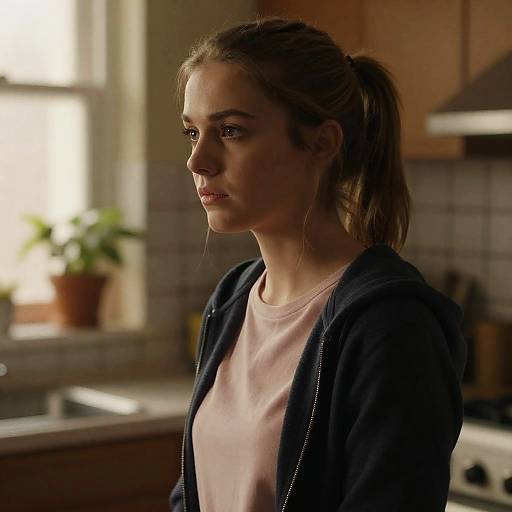 Serious Young Woman in Cozy Kitchen