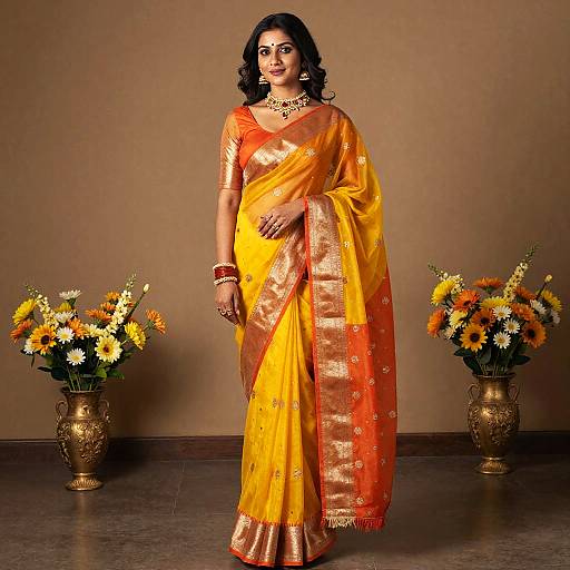 Woman in Yellow and Orange Sari with Jewelry