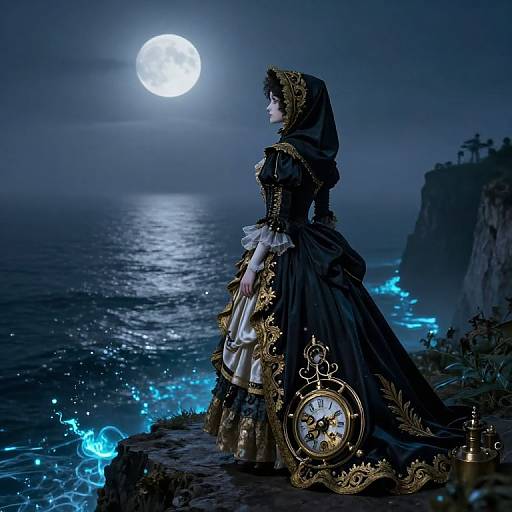 Gothic woman in ornate black gown with gold trim, hooded, standing by moonlit ocean, clock by her feet, glowing blue waves