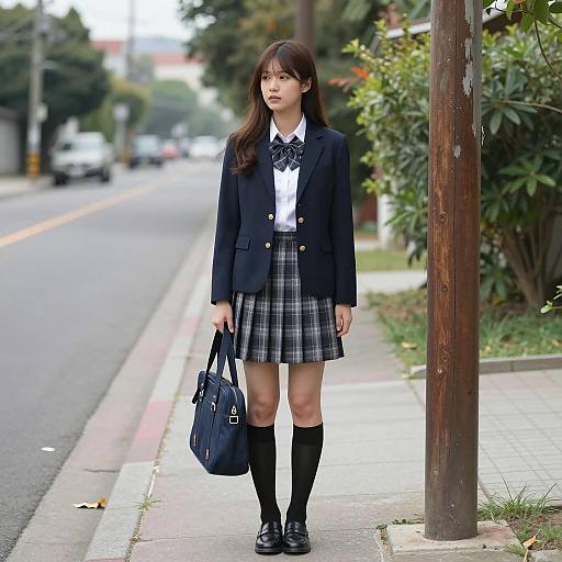 Asian Schoolgirl in Navy Blazer on Suburban Sidewalk