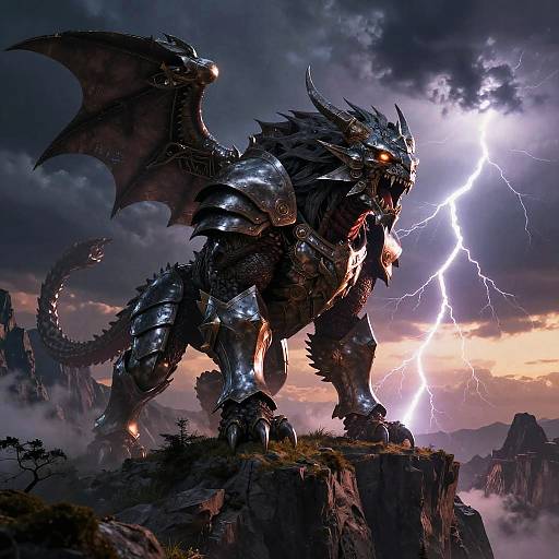 Digital artwork of a fierce, armored black dragon with glowing red eyes, standing on a rocky cliff during a lightning storm.