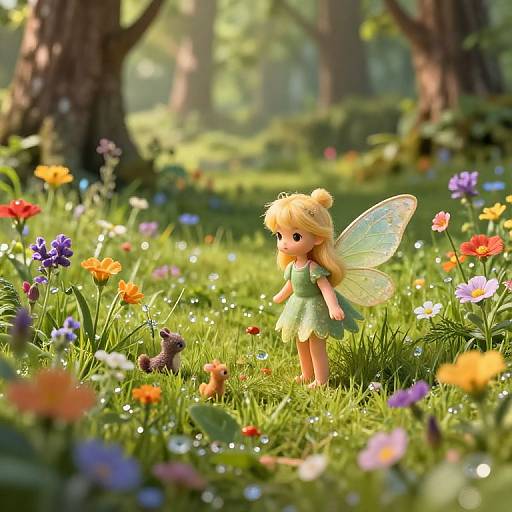 Photograph of a blonde fairy doll with transparent wings, green dress, and flower crown, standing in a vibrant, sunlit meadow filled with colorful