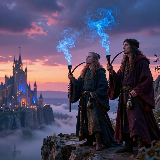 Photograph-style CGI: Two medieval wizards with long hair, fur cloaks, and glowing blue torches stand on a cliff, overlooking a magical castle