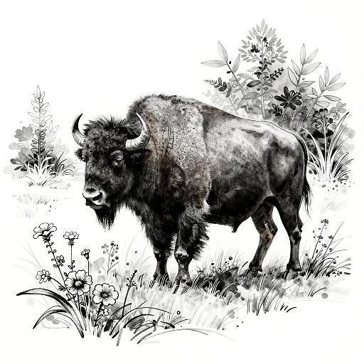 Vintage Charcoal Line Art Bison