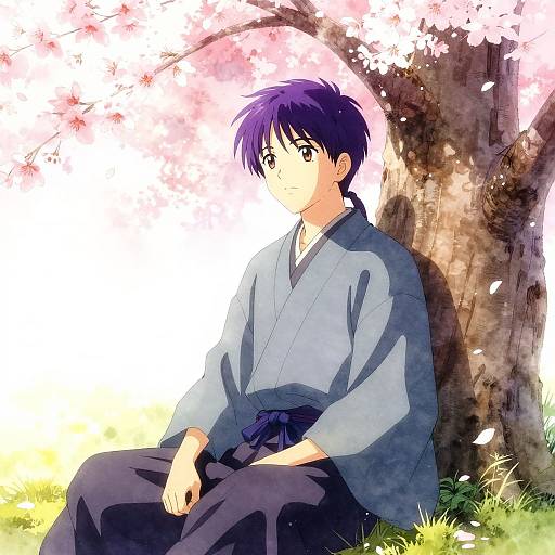 Anime-style digital drawing of a young man with purple hair, wearing a blue kimono, sitting against a cherry blossom tree.