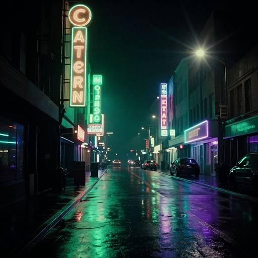 Neon-lit, rainy urban street at night, vibrant neon signs for 