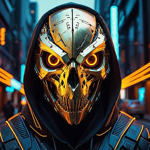 Futuristic Gold Robotic Skull with Neon Eyes