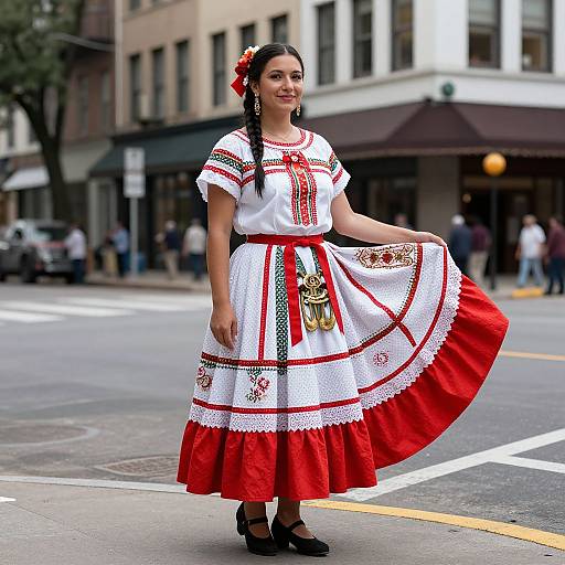 Photograph of a young Latina woman in a traditional Mexican dress, white top with red embroidery, red skirt, black shoes, and red flower in bra