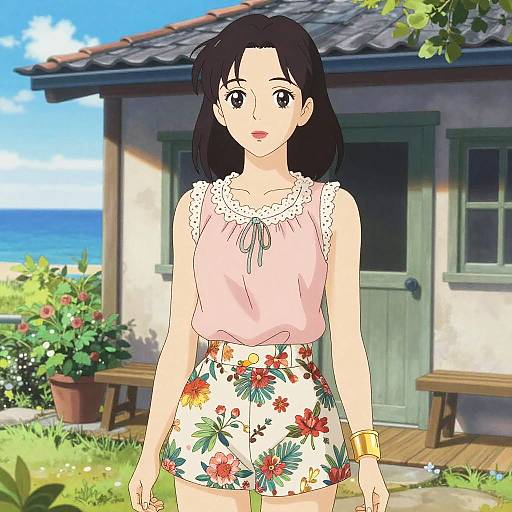 Digital anime-style drawing of a young woman with black hair, wearing a pink lace-trimmed top and floral high-waisted shorts, standing in