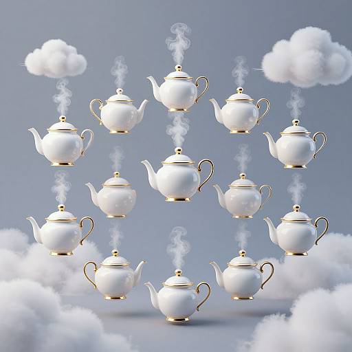 Photograph of nine white, gold-trimmed teapots floating mid-air, emitting steam, surrounded by fluffy white clouds against a gradient blue background