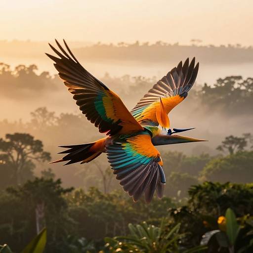 Photograph of a vibrant, multicolored stork with orange, green, blue, and black feathers flying against a misty, sunlit forest