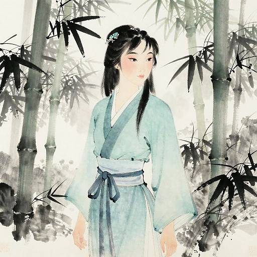 Digital painting of a Japanese woman in a light blue kimono, standing in a bamboo forest with black and white accents.