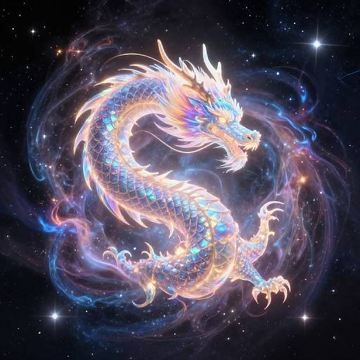Digital art of a glowing, ethereal dragon with blue, white, and pink neon lights, swirling in a starry, cosmic background.