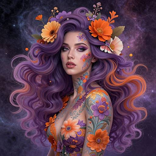 Surreal Woman With Cosmic Floral Hair