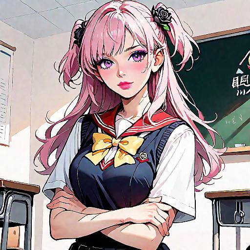 Anime-style digital drawing of a pink-haired schoolgirl with purple eyes, wearing a black vest and white shirt, arms crossed in a classroom. Blackboard