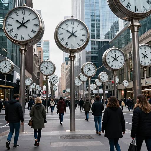 Photograph of a busy city street with large, round clock faces suspended above pedestrians wearing winter clothes, surrounded by tall glass buildings.