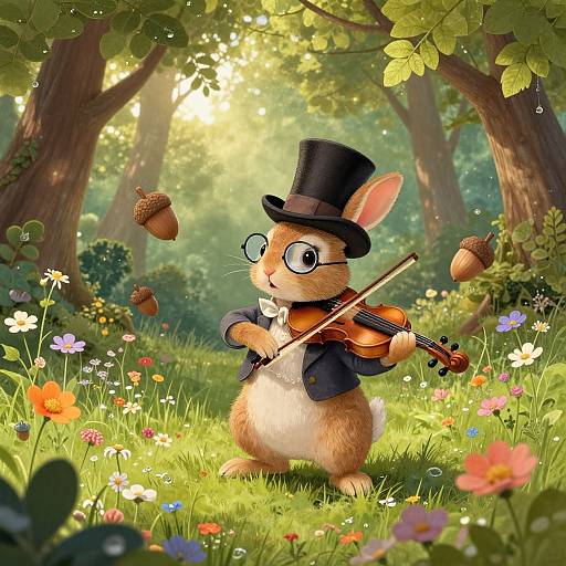 Cartoon bunny in a top hat and bow tie playing violin in a sunlit forest meadow with colorful flowers and acorns.