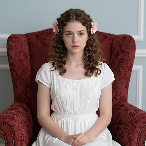 Photograph of a young woman with curly brown hair, wearing a white dress and pink flower hairpin, seated in a red, patterned armchair