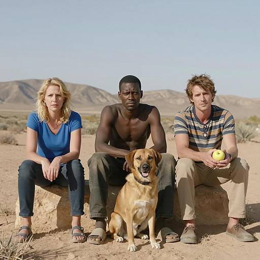 Group Sitting in Desert with Dog