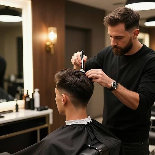 Photograph of a bearded male barber in a black shirt, cutting a young man's hair in a modern salon with warm lighting.