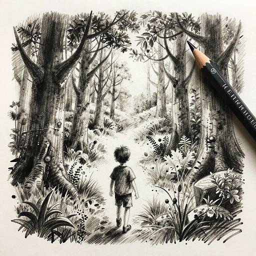 Charcoal Sketch of Boy in Enchanted Forest