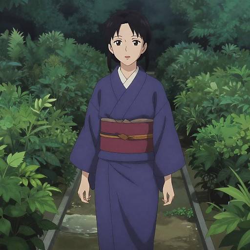 Anime Woman in Lush Night Garden