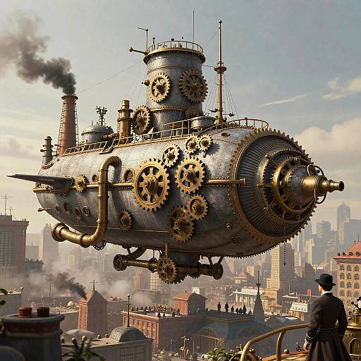 Steampunk Airship Over Victorian Metropolis