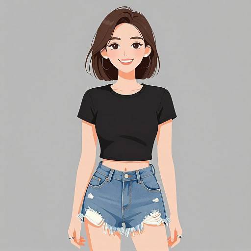 Digital illustration of a smiling Asian woman with short brown hair, wearing a black crop top and frayed blue denim shorts.