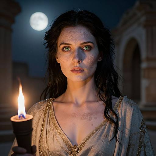 Photorealistic CGI of a pale, green-eyed woman with wet, dark hair, wearing a sheer, gold-embroidered dress, holding a