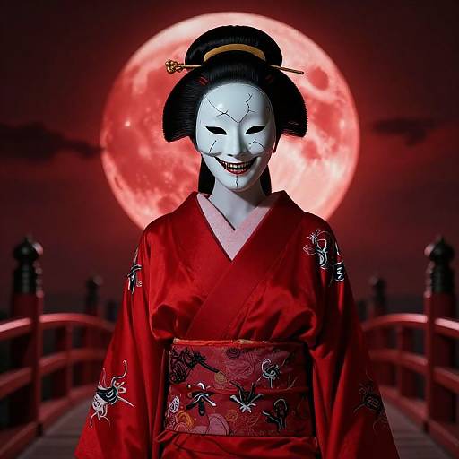 Photograph of a woman in a red kimono with white face mask, black hair, red moon background, and red bridge.