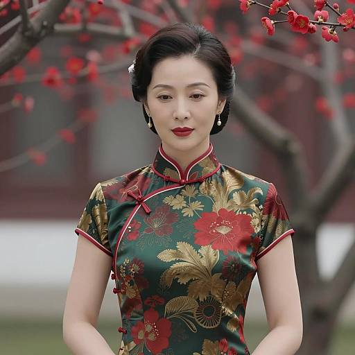 Asian Woman in Traditional Chinese Qipao with Cherry Blossoms