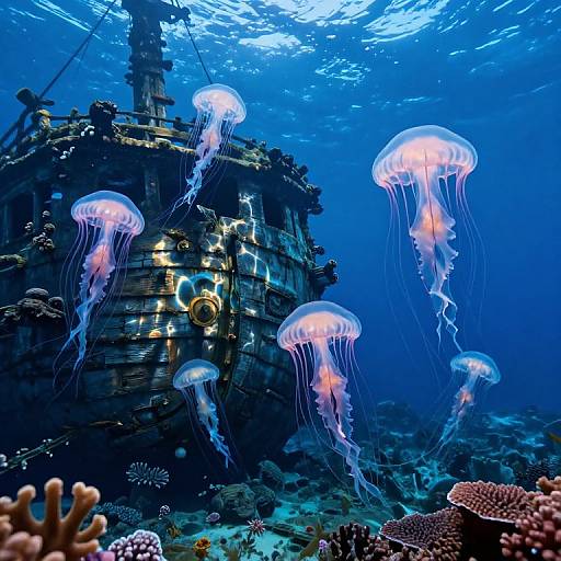 Photograph of a sunken, illuminated ship surrounded by glowing, translucent jellyfish with pink and blue hues, amidst vibrant coral reefs underwater.