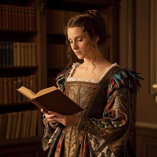 Photograph of a fair-skinned woman with curly brown hair, dressed in an ornate Renaissance-style gown, reading a book in a dimly lit