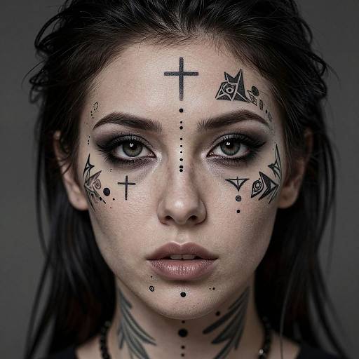 Photograph of a pale-skinned woman with dark, wet hair, black face paint featuring crosses, stars, and dots, and intense green eyes,