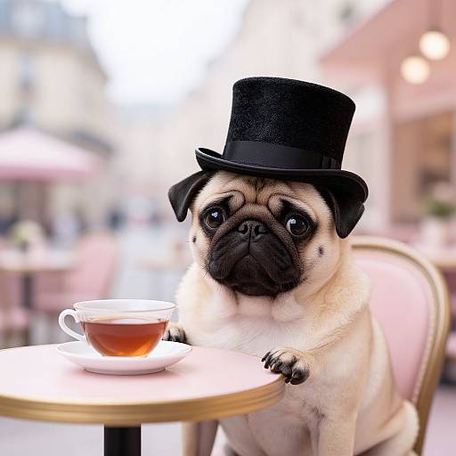 Photograph of a pug wearing a black top hat, sitting at a café table with a teacup, with a blurred outdoor background.