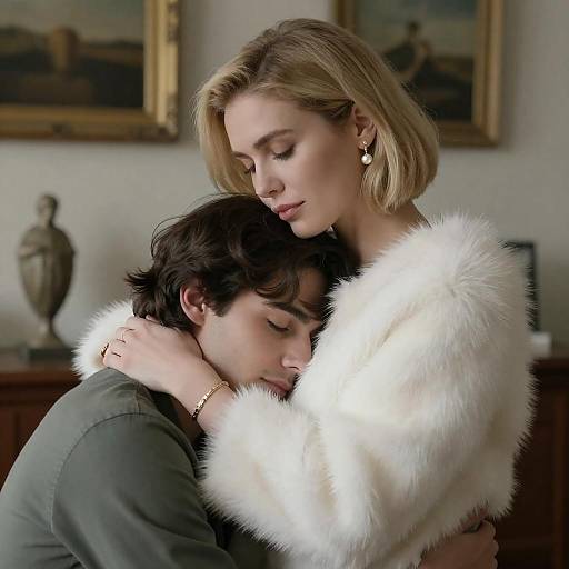 Intimate Indoor Embrace with Stylish Couple