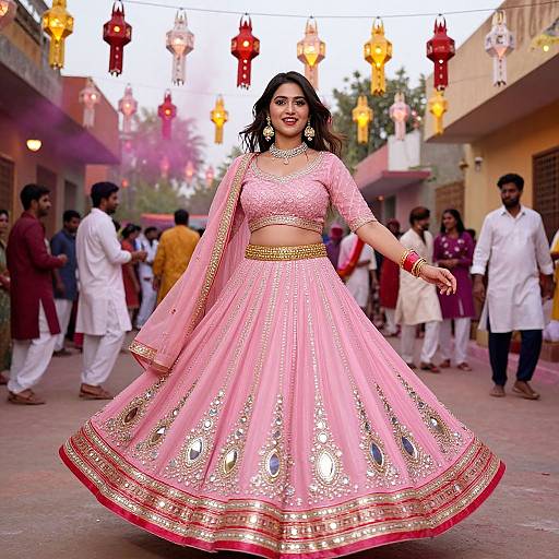 Photograph of a beautiful Indian woman in a pink, gold-embellished traditional lehenga, dancing in a vibrant street festival with colorful lanterns