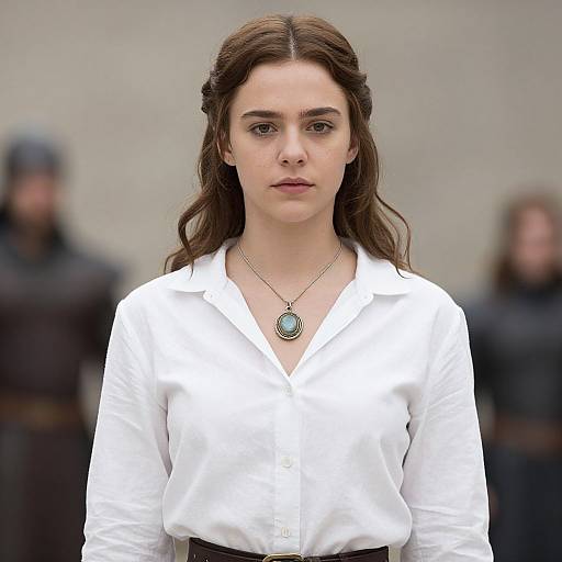Photograph of a serious young woman with long brown hair, wearing a white button-up shirt and a green pendant necklace, standing in front of blurred,