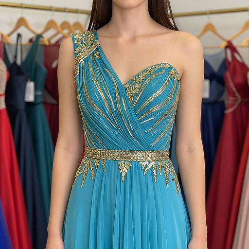 Photograph of a woman in a blue, one-shoulder evening gown with gold embellishments, standing in front of a rack of various colored dresses