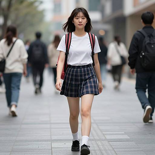 Photograph of an Asian teenage girl with straight black hair, wearing a white t-shirt, blue plaid skirt, white socks, and black shoes,