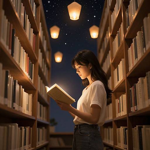 Young Woman Reading in Magical Library