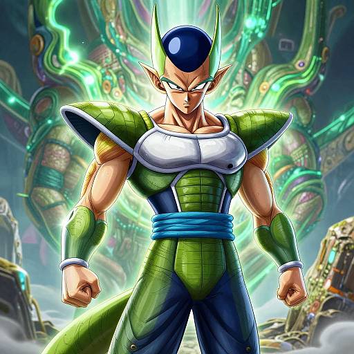 Digital artwork of muscular, green-armored Saiyan warrior with blue hair and pointed ears, standing in front of glowing, futuristic machinery.