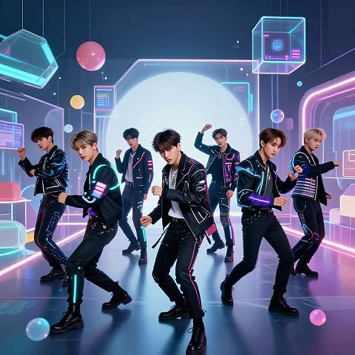 Digital art of six male pop stars in black leather jackets, dancing in a neon-lit futuristic room with glowing orbs.