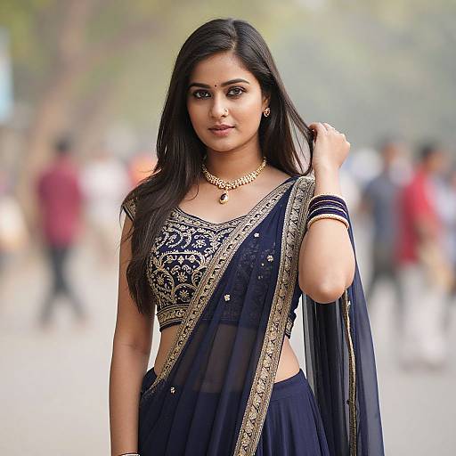 Photograph of a beautiful Indian woman with long black hair, wearing a navy blue saree with gold embroidery, standing outdoors with blurred background of people and