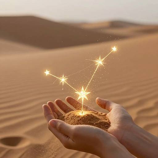 Photograph of a hand holding a sparkler-covered sand clump in a sunlit desert, with dunes in the background.