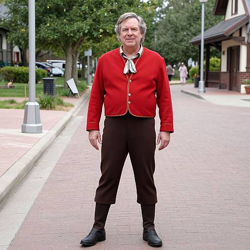 Photograph of an older white man with gray hair, wearing a red jacket, white ruffled shirt, black pants, and boots, standing on a