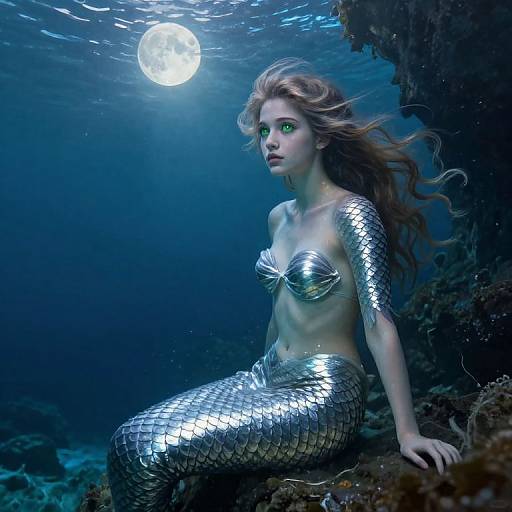 Photorealistic digital art of a silver-scaled mermaid with long red hair, green eyes, and a shiny shell bra, seated underwater against a