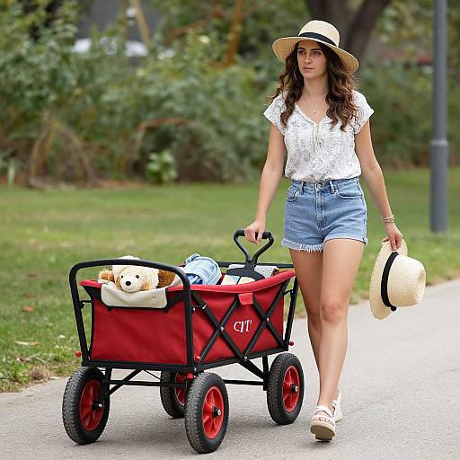 Woman Pulling Wagon Outdoors