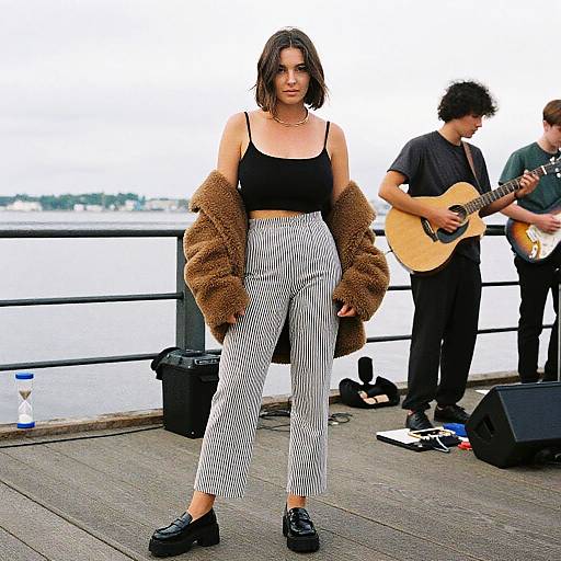 Photograph of a young woman with shoulder-length brown hair, wearing a black crop top, black-and-white striped pants, and black platform shoes, stands