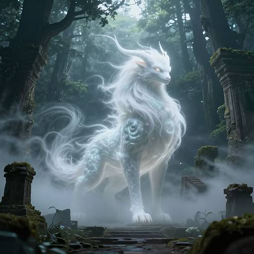 Digital fantasy artwork of a glowing, ethereal white wolf with flowing, spectral fur standing on ancient, moss-covered stone steps in a dense, misty